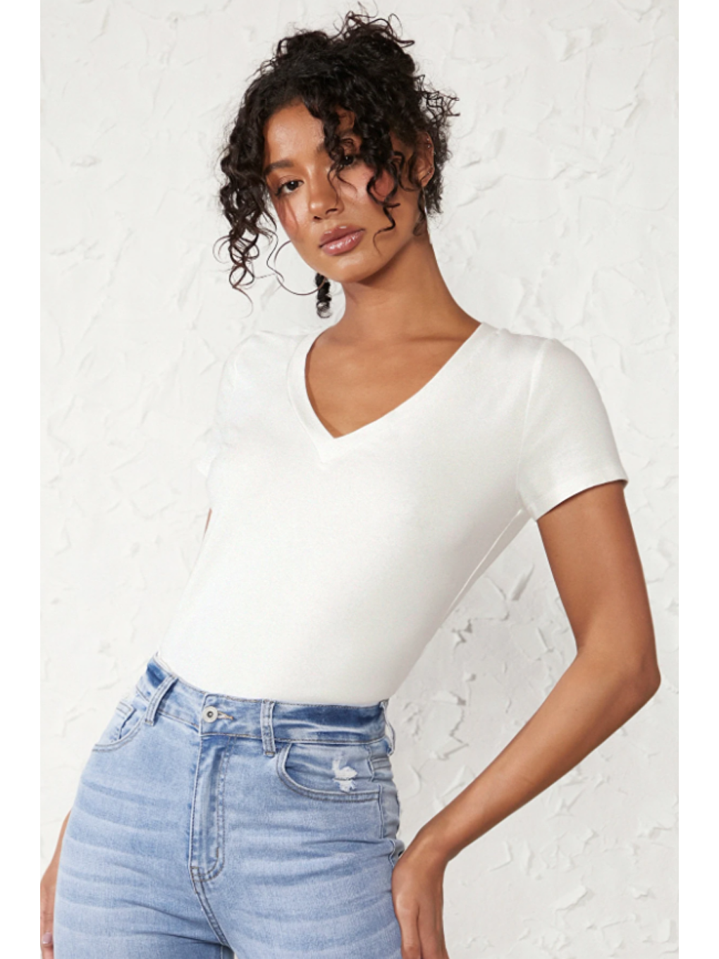 Kadın V Yaka Beyaz Basic Tişört | Pamuklu Kısa Kollu Günlük T-Shir-3