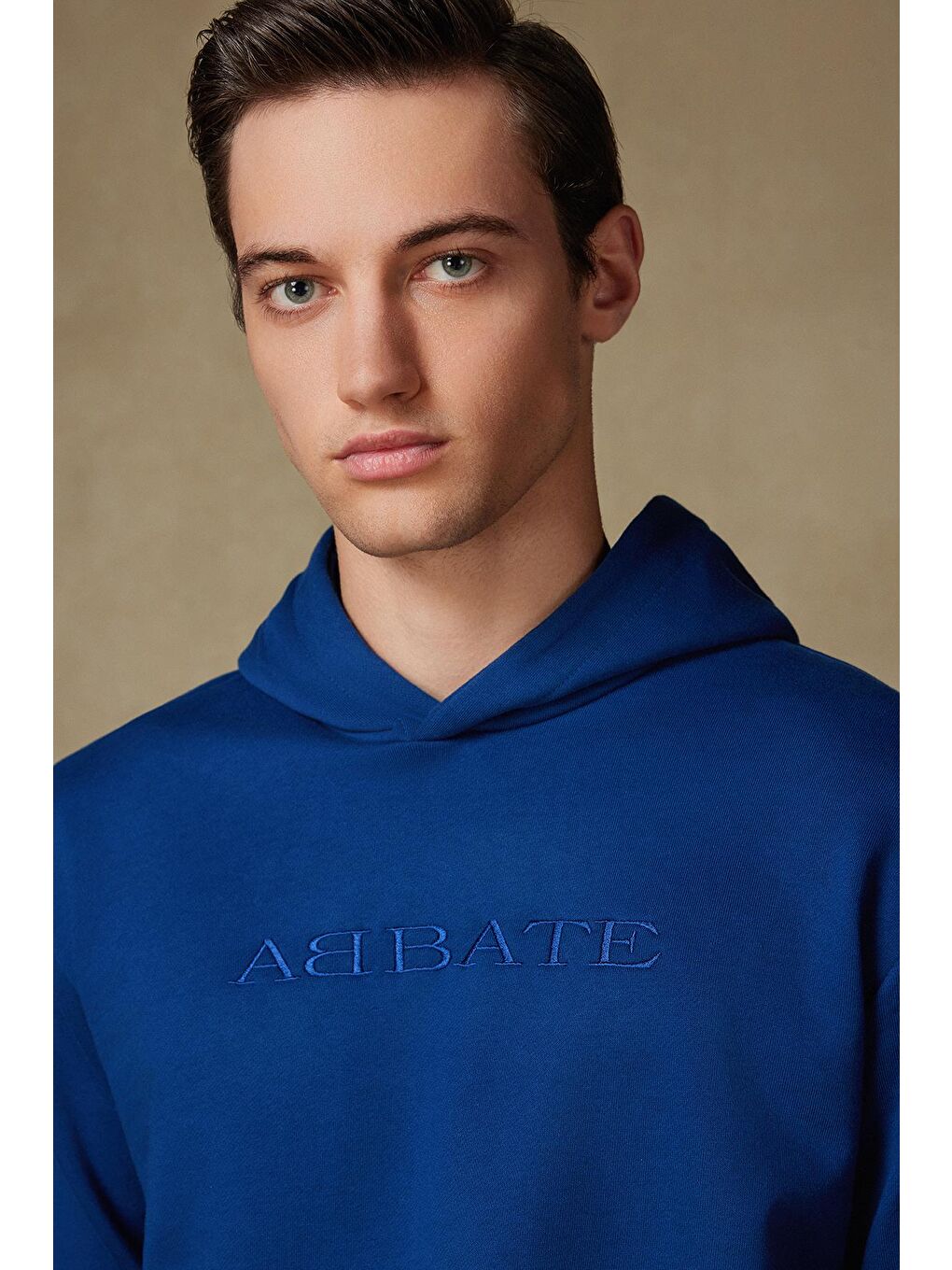 Mavi Örme Kumaş Pamuklu Comfort Fit Saks Bisiklet Yaka Erkek Nakışlı Hoodie-1