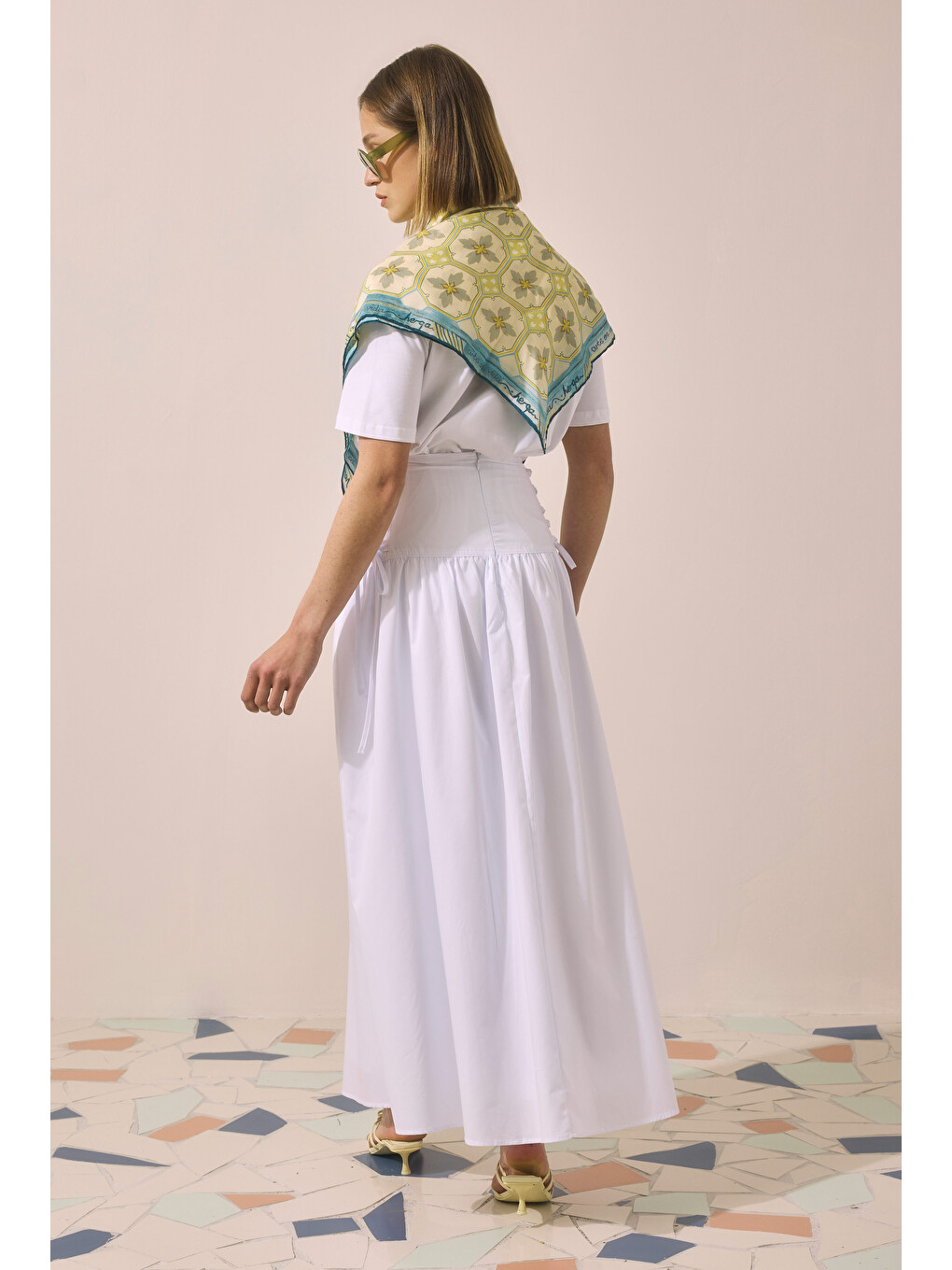 Bağlama Detaylı Poplin Etek Ekru-4