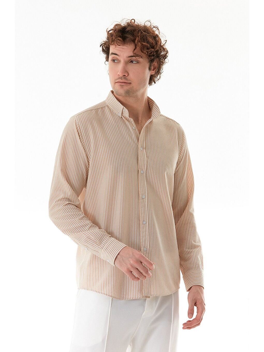 Bej Çizgili Gofre Kumaş Gömlek