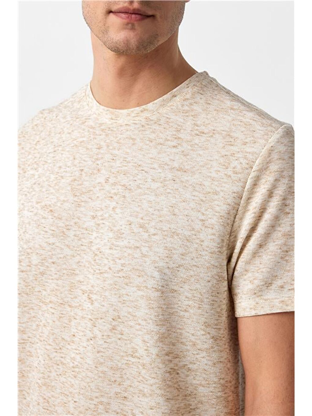 Ekru Regular Düz Bisiklet Yaka Tişört-2