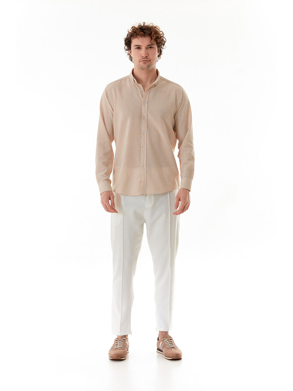 Bej Çizgili Gofre Kumaş Gömlek-1