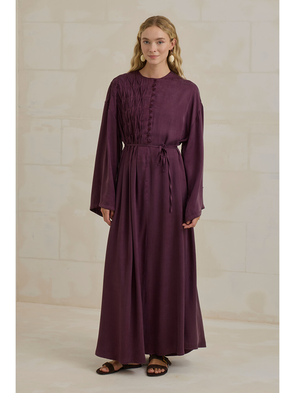 Nervür Motifli Liyosel Abaya Bordo-1