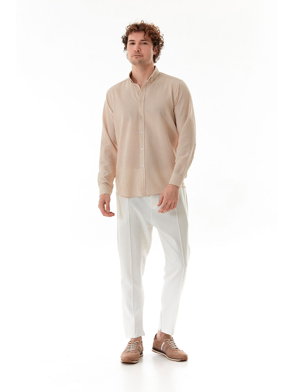 Bej Çizgili Gofre Kumaş Gömlek-2