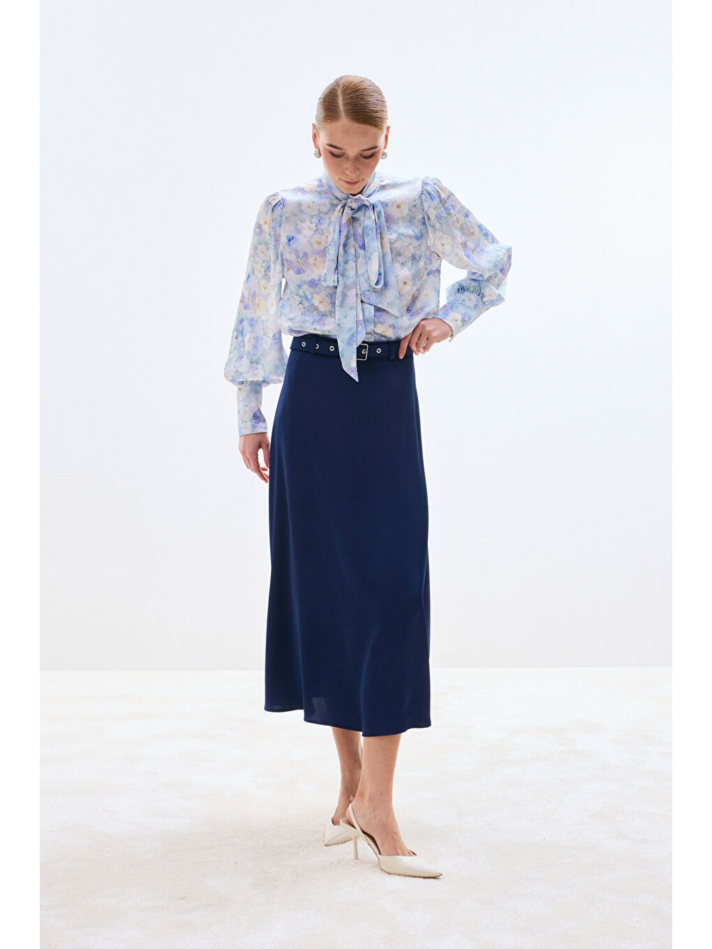 Kemerli Saten Etek - Lacivert-5