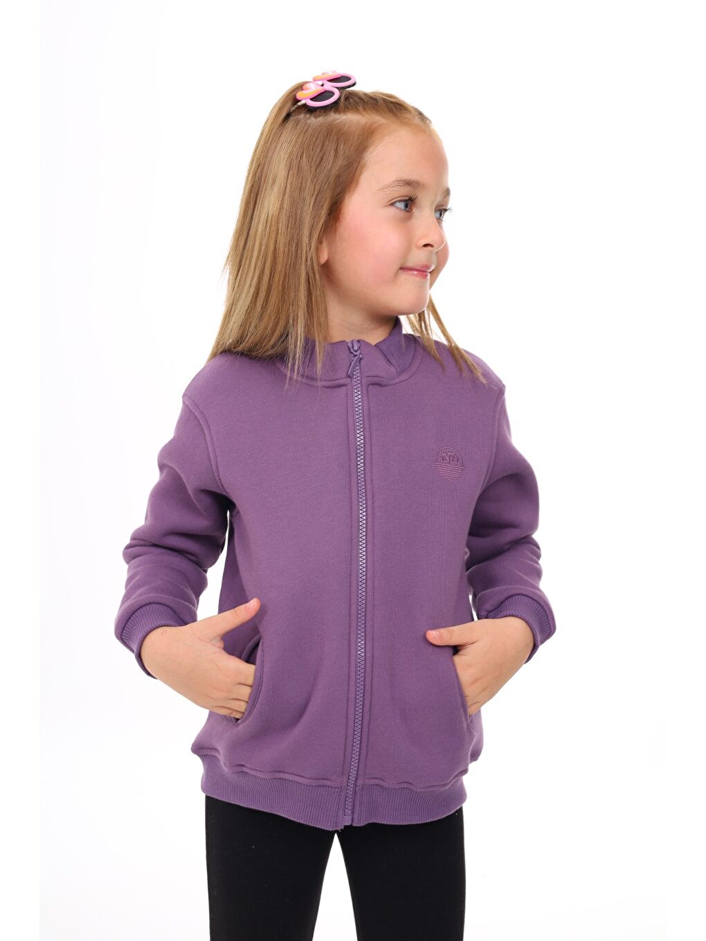 Mor Kız Çocuk Nakışlı Fermuarlı Sweatshirt-3