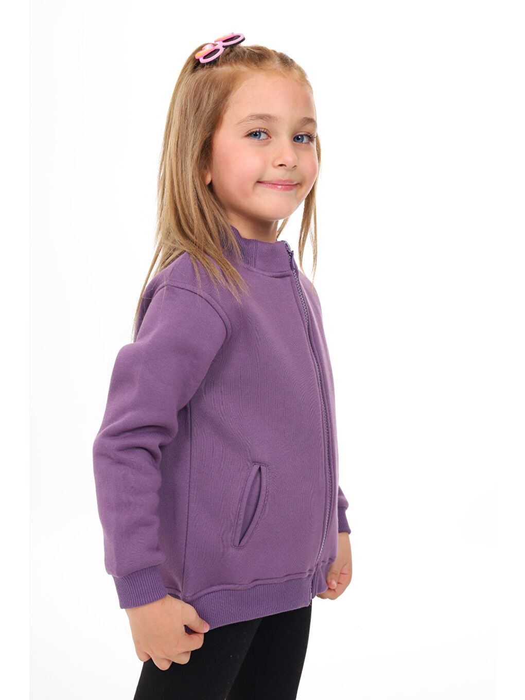 Mor Kız Çocuk Nakışlı Fermuarlı Sweatshirt-4