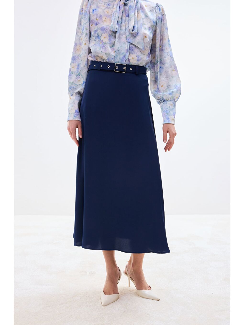 Kemerli Saten Etek - Lacivert-6