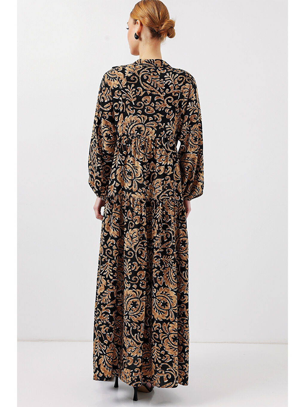 2423 Otantik Desenli Tesettür Elbise - Siyah10-5