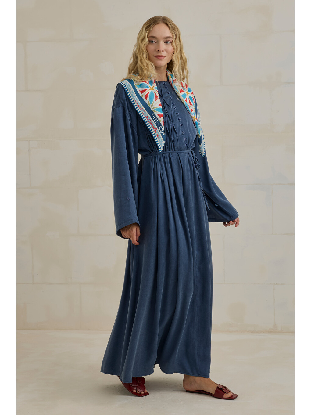 Lacivert Nervür Motifli Liyosel Abaya Jean Mavi-1