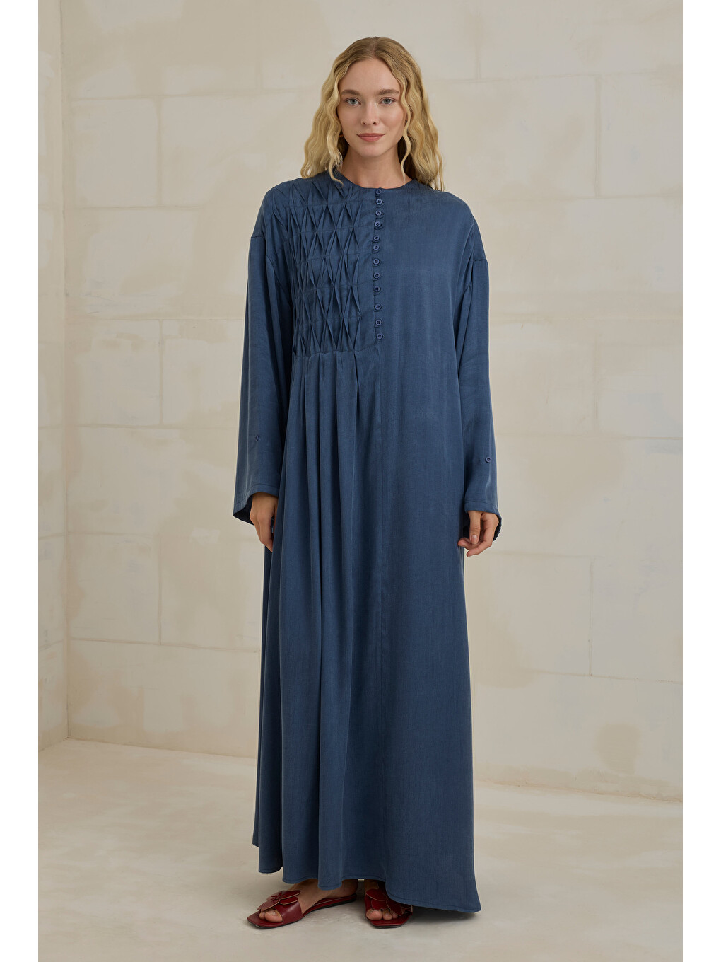 Lacivert Nervür Motifli Liyosel Abaya Jean Mavi-2
