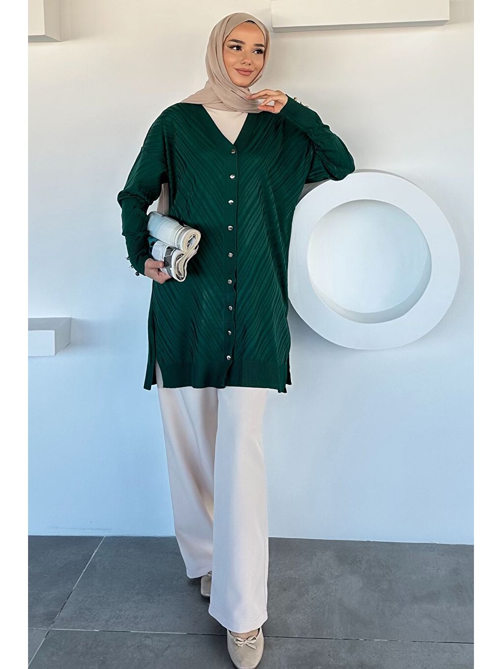 Yeşil Desenli Ön Düğmeli Tesettür Triko Hırka (m-l-xl Uyumludur)-1