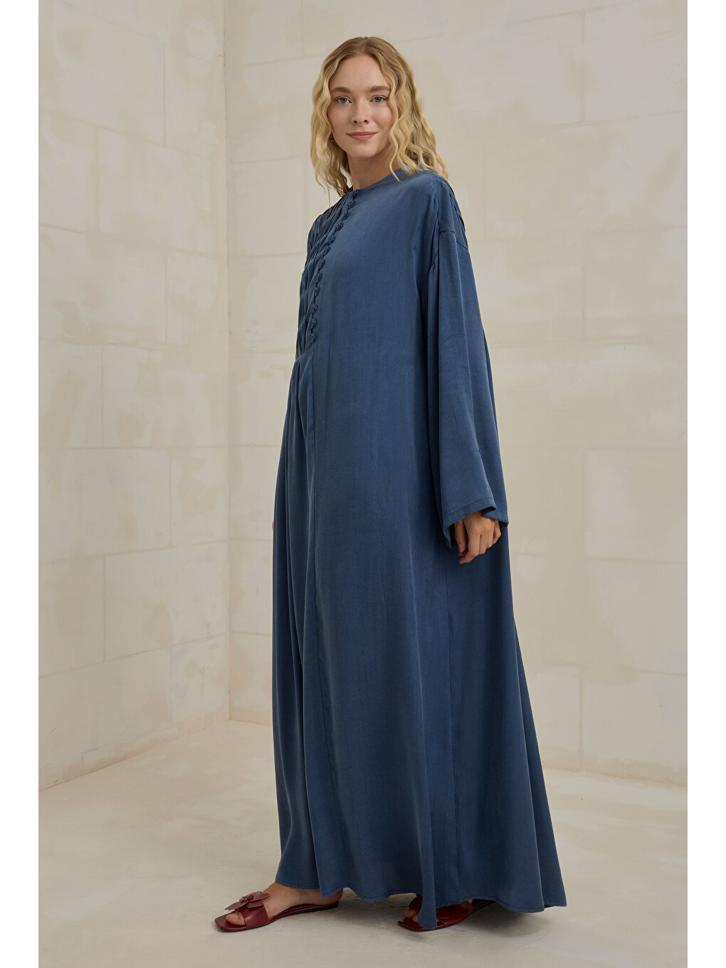 Lacivert Nervür Motifli Liyosel Abaya Jean Mavi-4