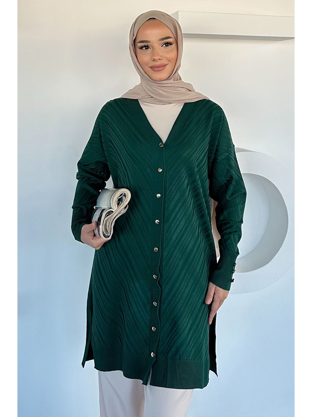 Yeşil Desenli Ön Düğmeli Tesettür Triko Hırka (m-l-xl Uyumludur)-3