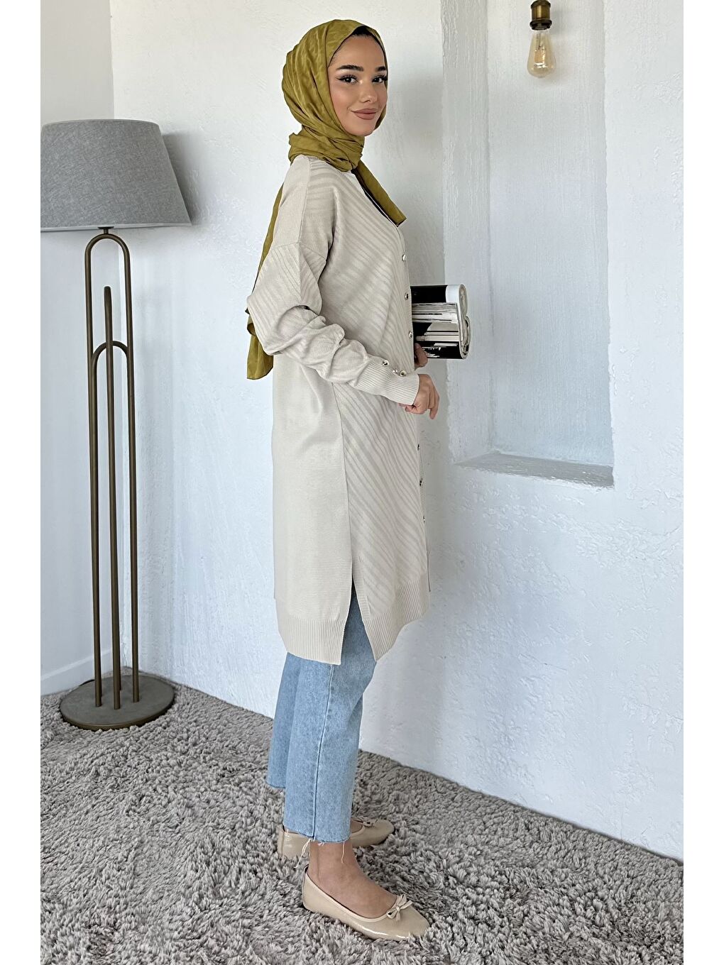 Bej Desenli Ön Düğmeli Tesettür Triko Hırka (m-l-xl Uyumludur)-3