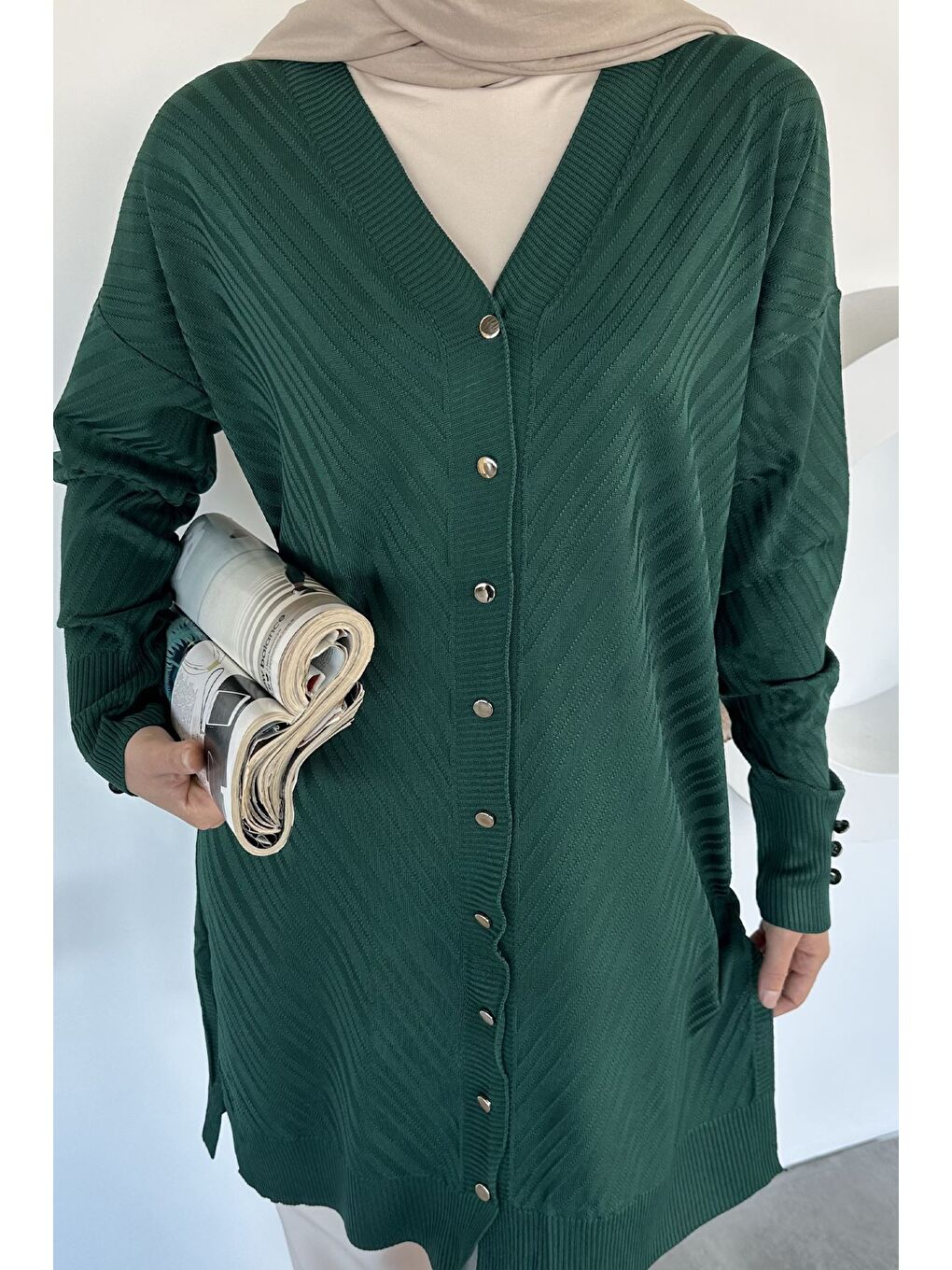 Yeşil Desenli Ön Düğmeli Tesettür Triko Hırka (m-l-xl Uyumludur)-7