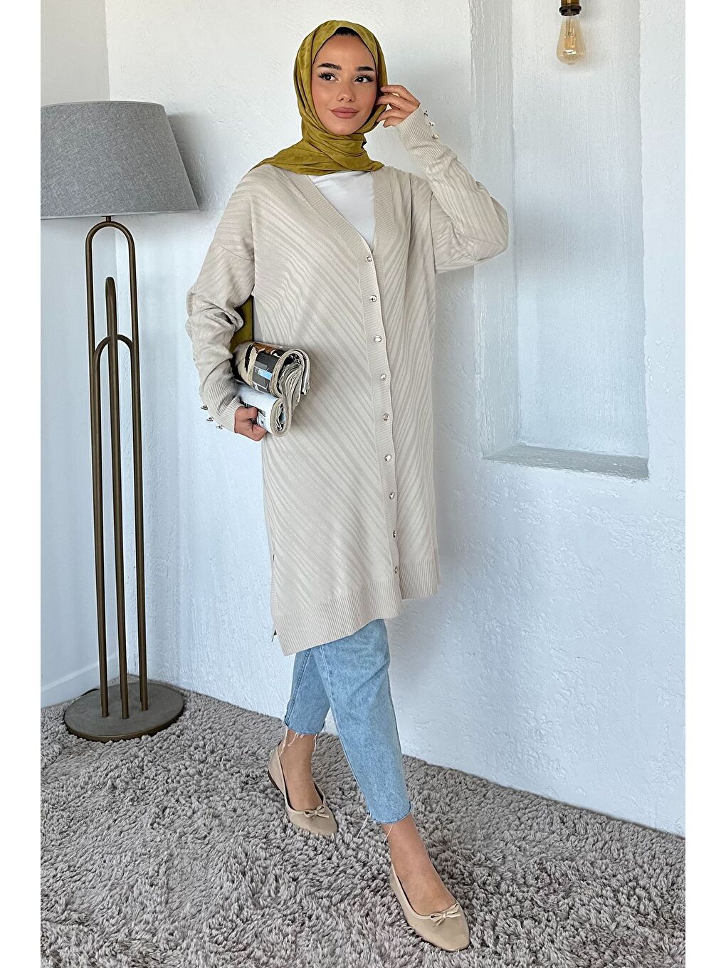 Bej Desenli Ön Düğmeli Tesettür Triko Hırka (m-l-xl Uyumludur)-5