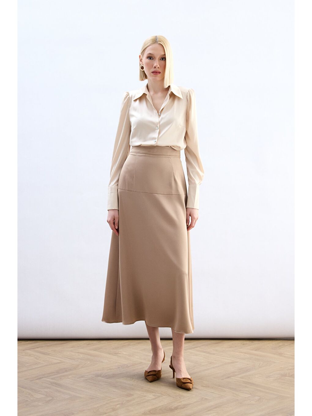 Yüksek Bel Saten Etek - Bej-1