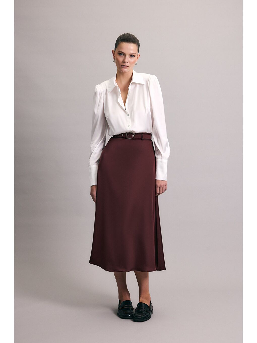 Kemerli Saten Etek - Bordo