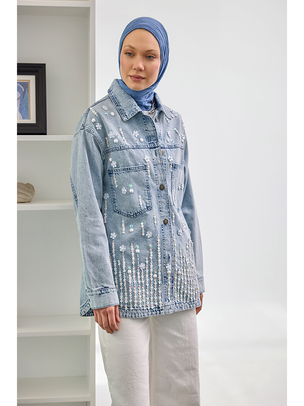 Kadın Pul Detay Jean Ceket Buz Mavi