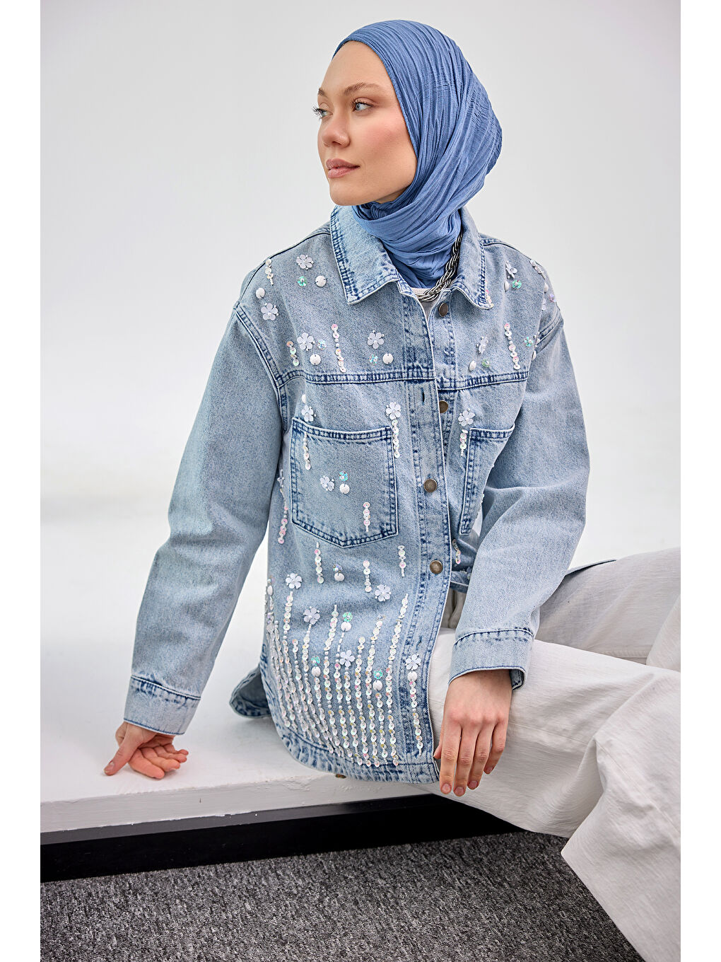Kadın Pul Detay Jean Ceket Buz Mavi-1