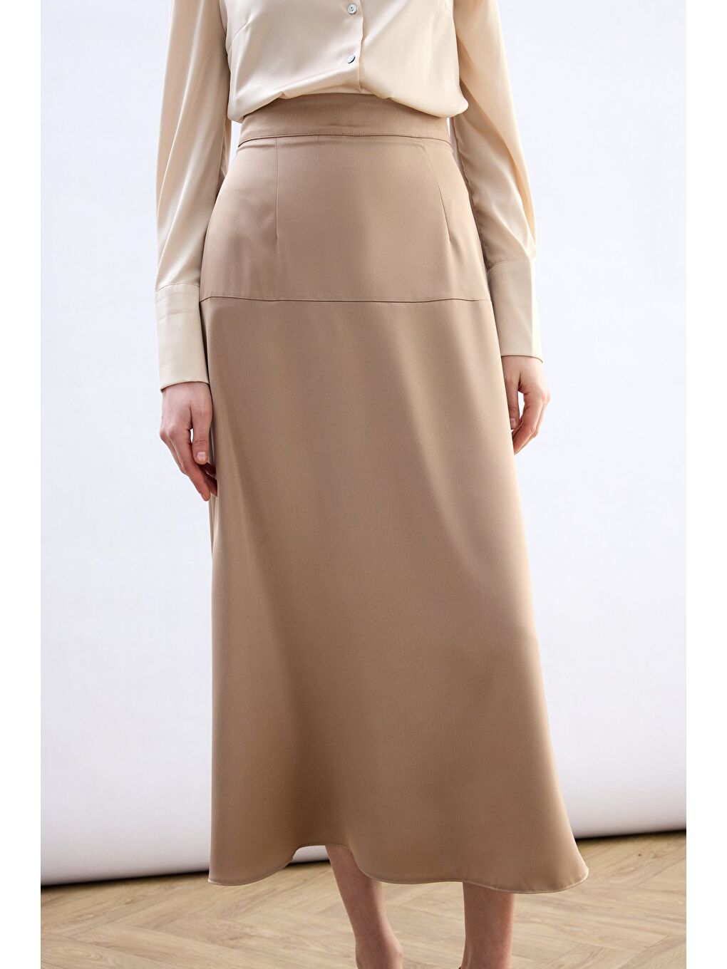 Yüksek Bel Saten Etek - Bej-2