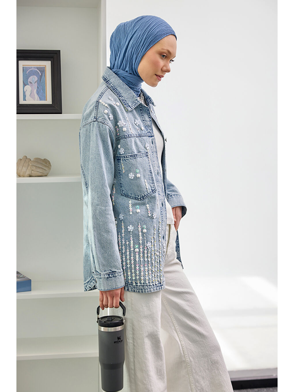 Kadın Pul Detay Jean Ceket Buz Mavi-2