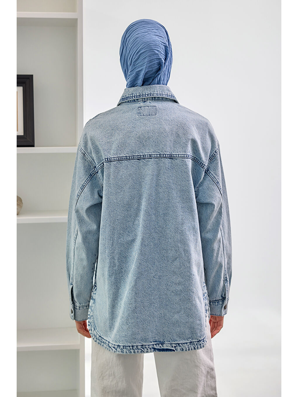 Kadın Pul Detay Jean Ceket Buz Mavi-3
