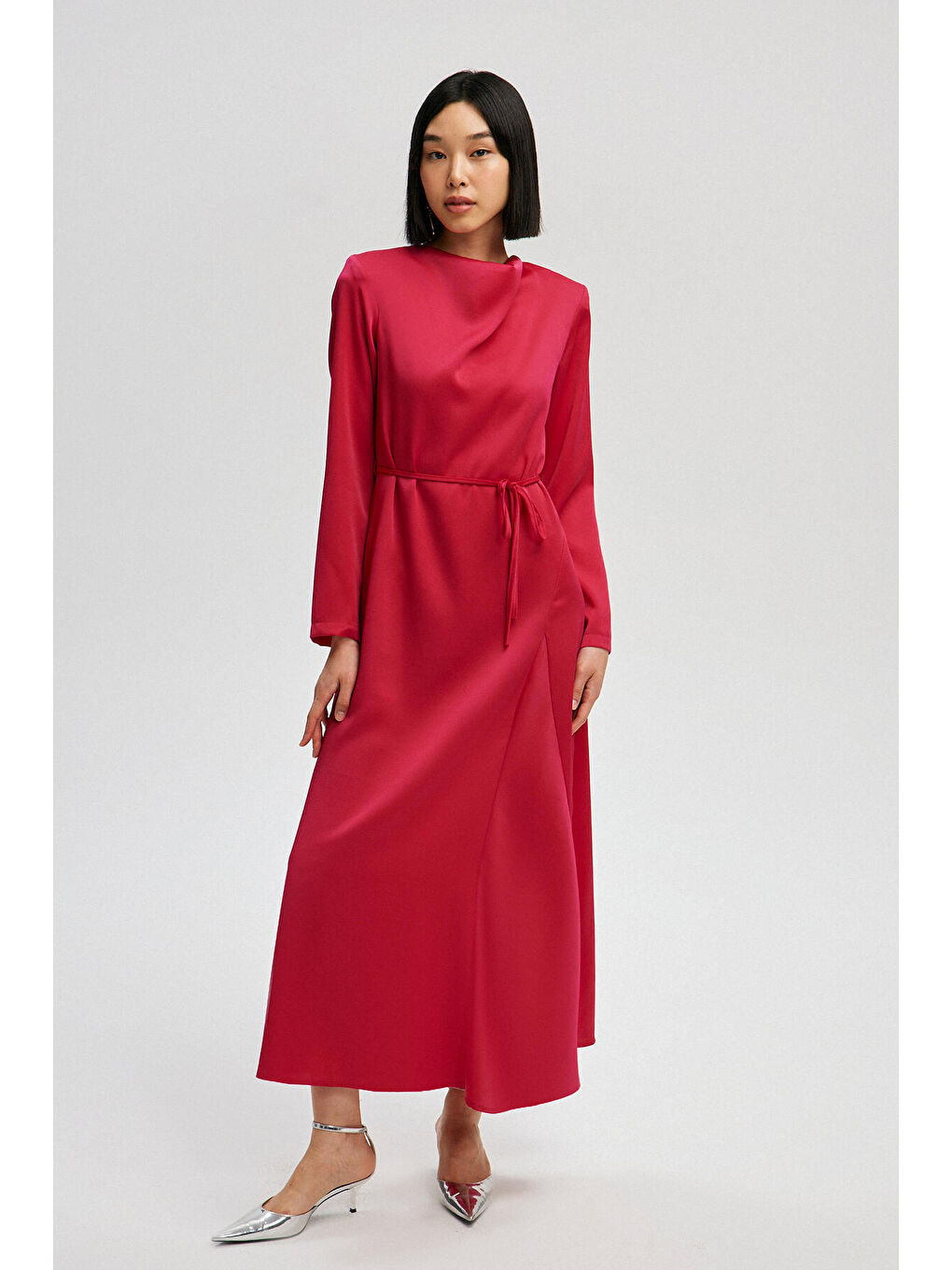 Bordo Kemerli Saten Elbise-1