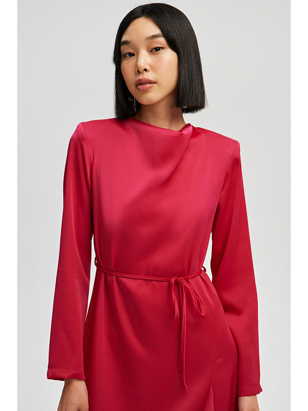 Bordo Kemerli Saten Elbise-2