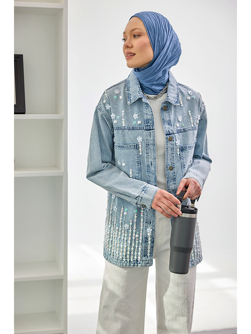 Kadın Pul Detay Jean Ceket Buz Mavi-4