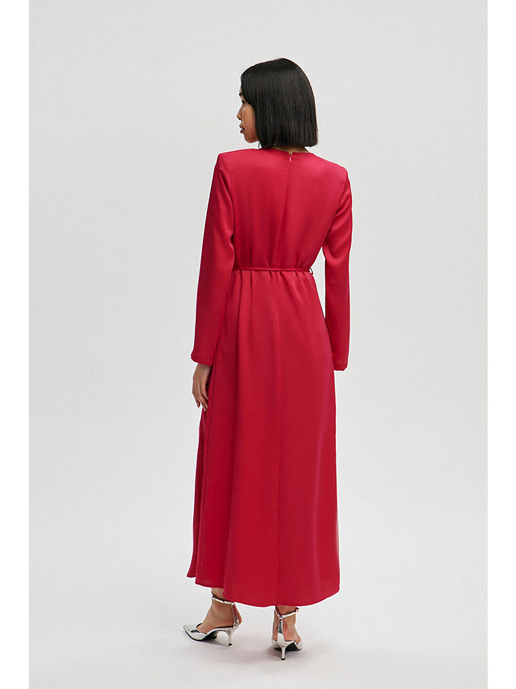 Bordo Kemerli Saten Elbise-4