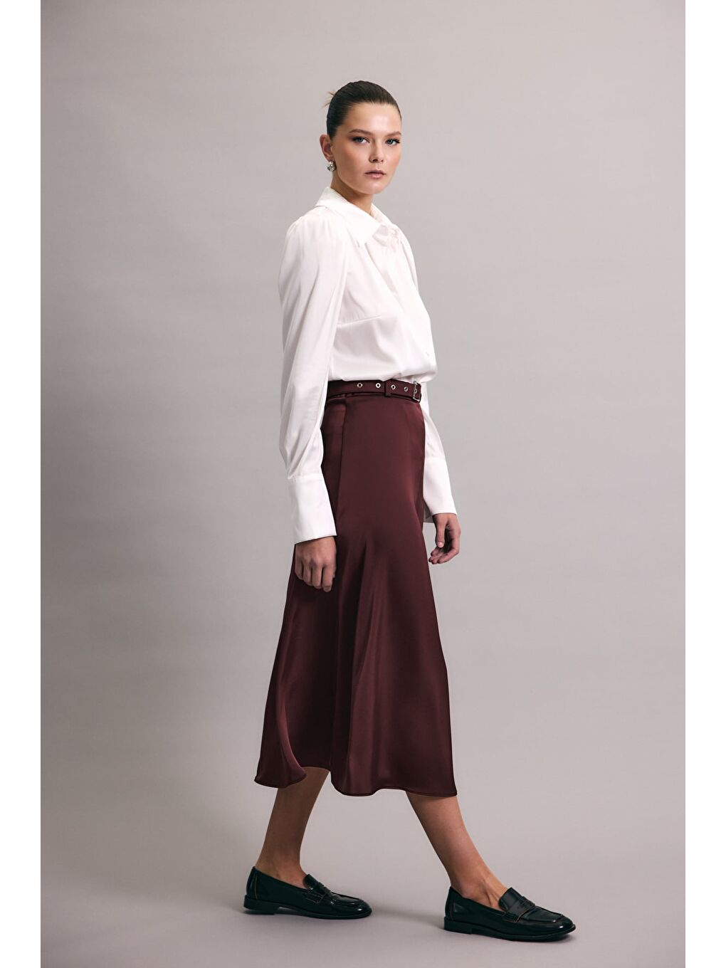 Kemerli Saten Etek - Bordo-1