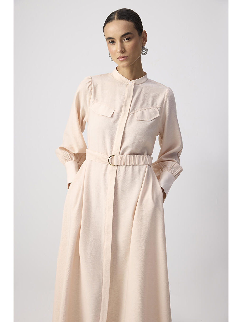 Pembe Kemerli Viskon Elbise-3