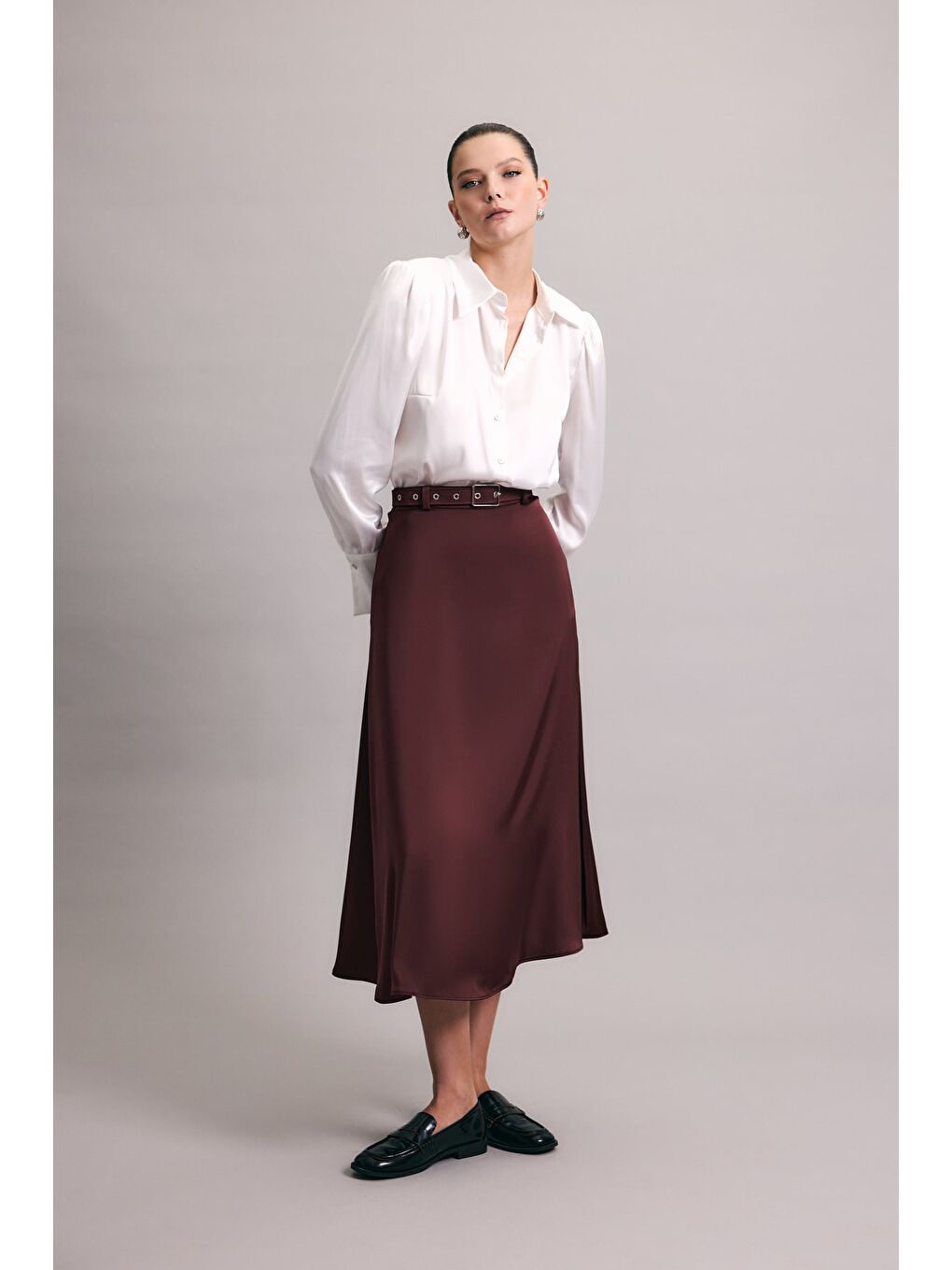 Kemerli Saten Etek - Bordo-2