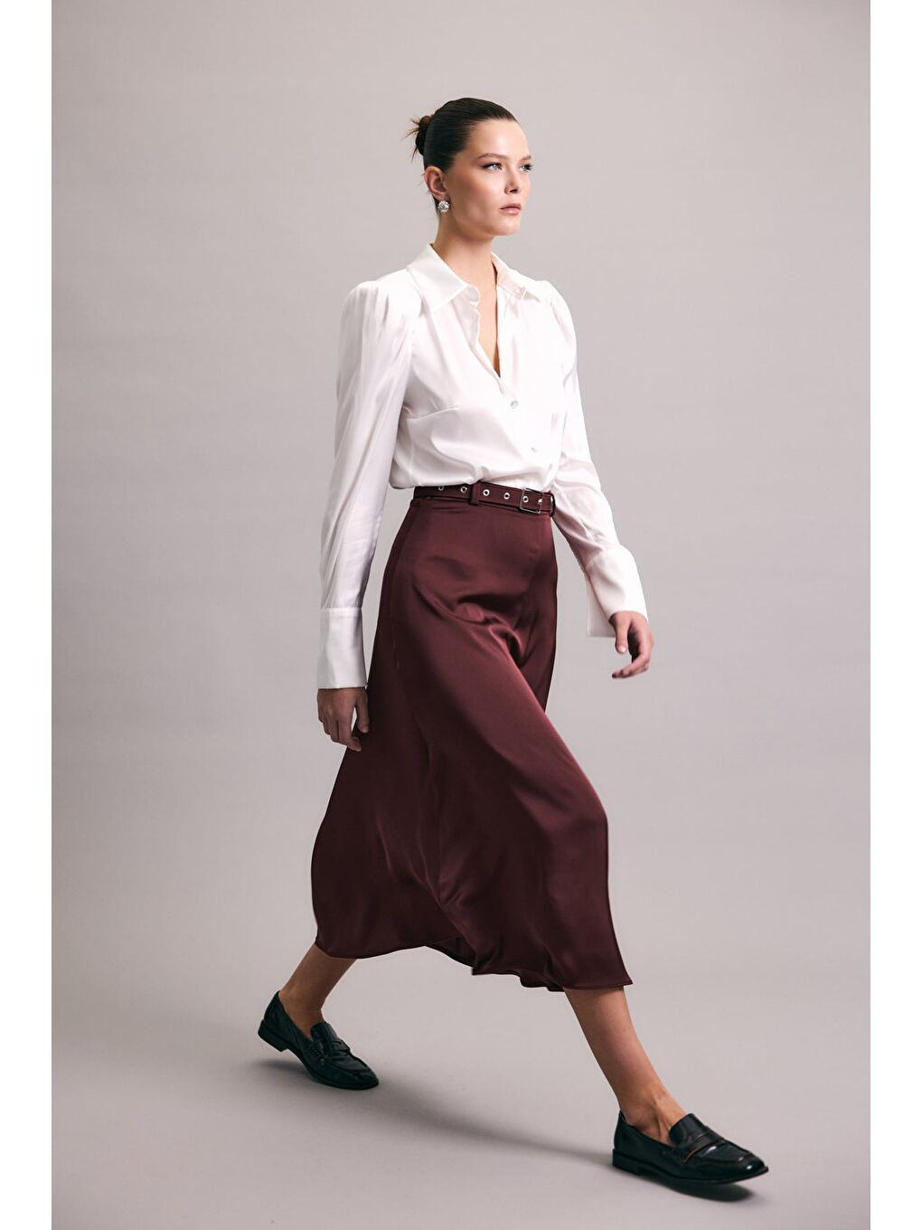 Kemerli Saten Etek - Bordo-3