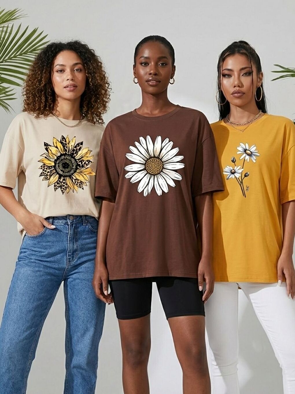 Karışık Bej Sarı Kahve Margrit Baskılı 3Lü Tişört