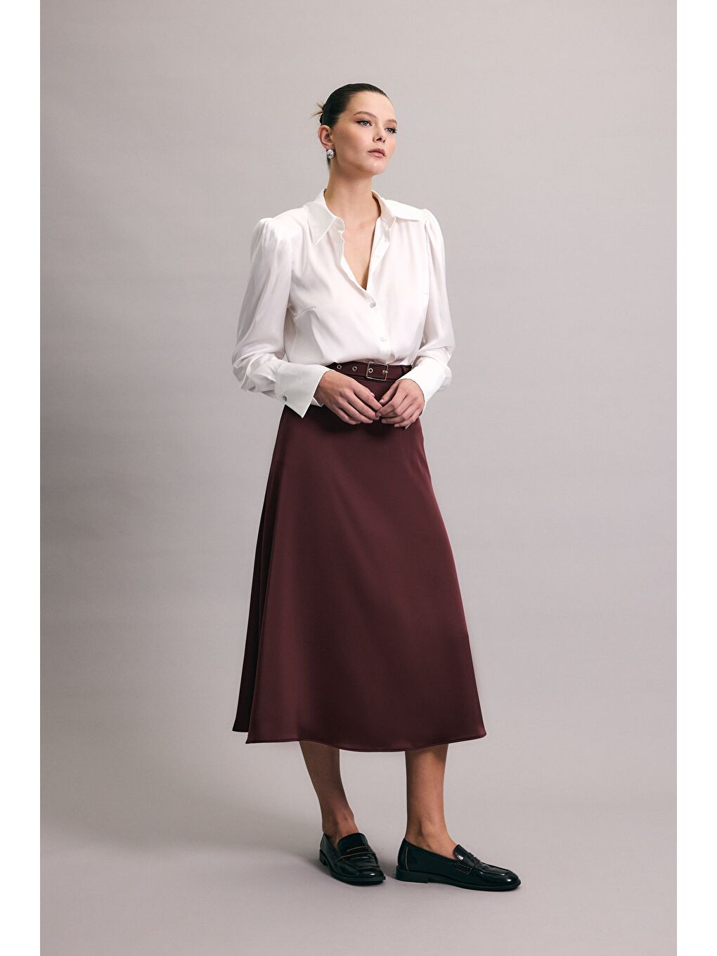 Kemerli Saten Etek - Bordo-4