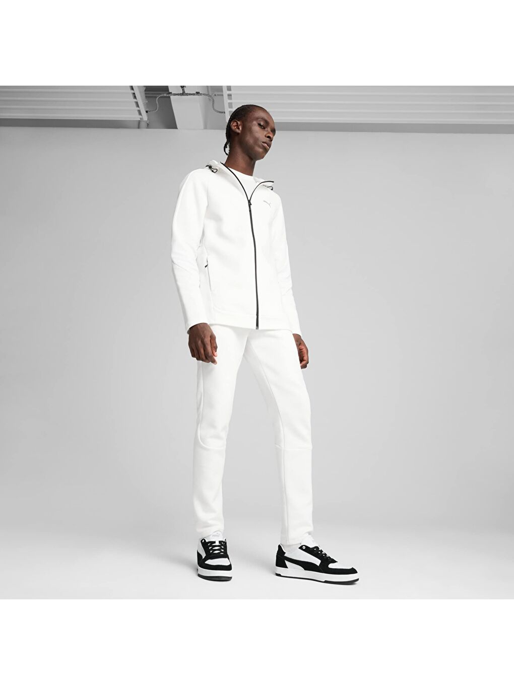 Beyaz EVOSTRIPE Erkek Tam Fermuarlı Kapüşonlu Sweatshirt-3