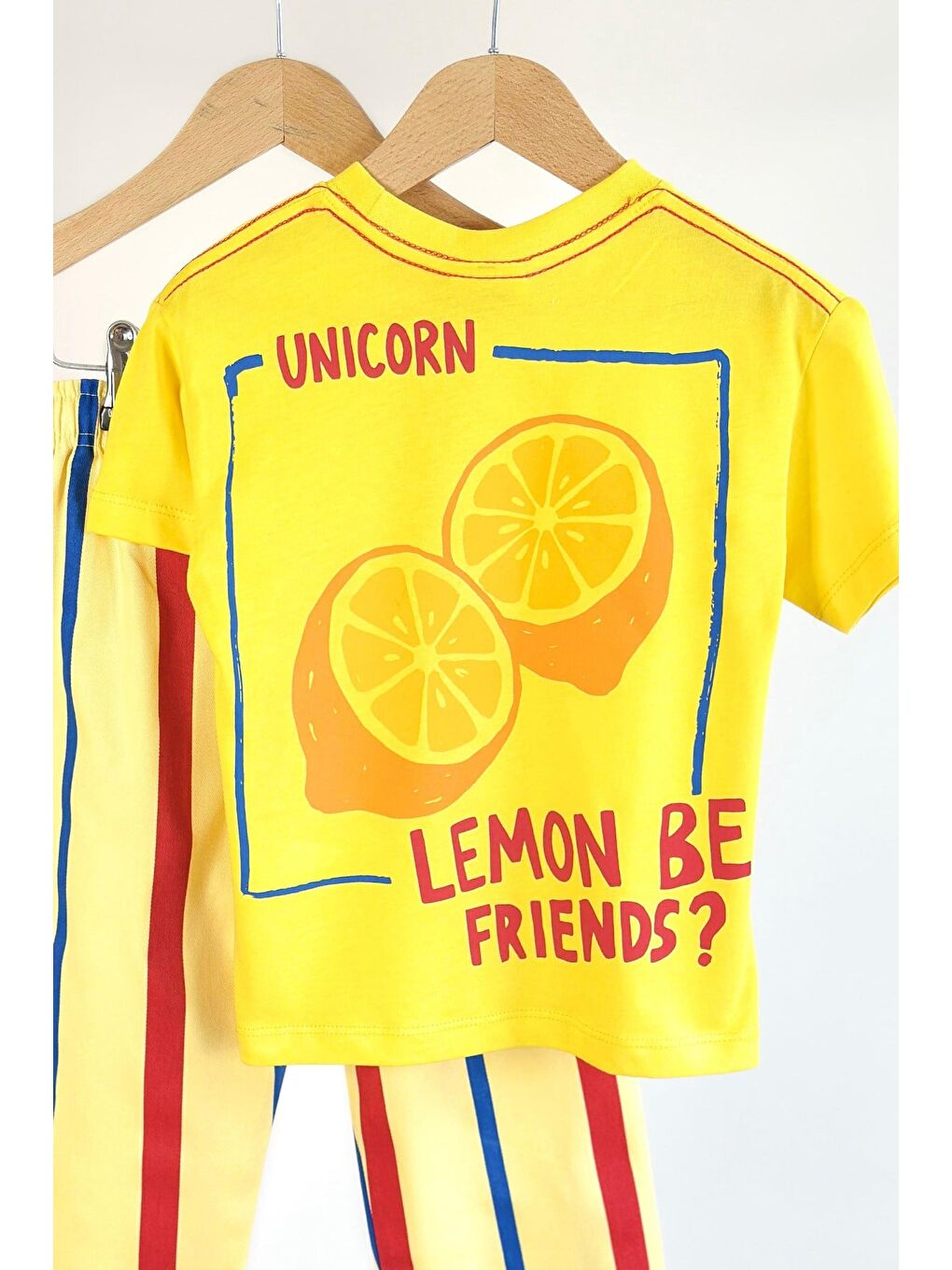 Unisex Çocuk Pamuklu Sarı Limon Baskılı T-Shirt Ve Eşofman Alt Üst Takım-2