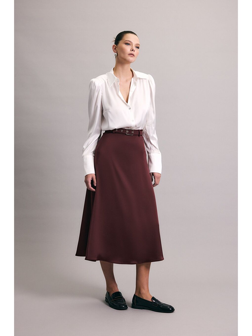 Kemerli Saten Etek - Bordo-5