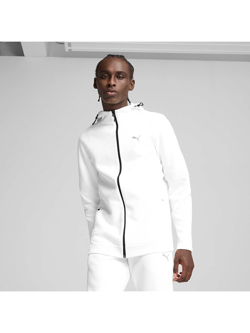 Beyaz EVOSTRIPE Erkek Tam Fermuarlı Kapüşonlu Sweatshirt-6