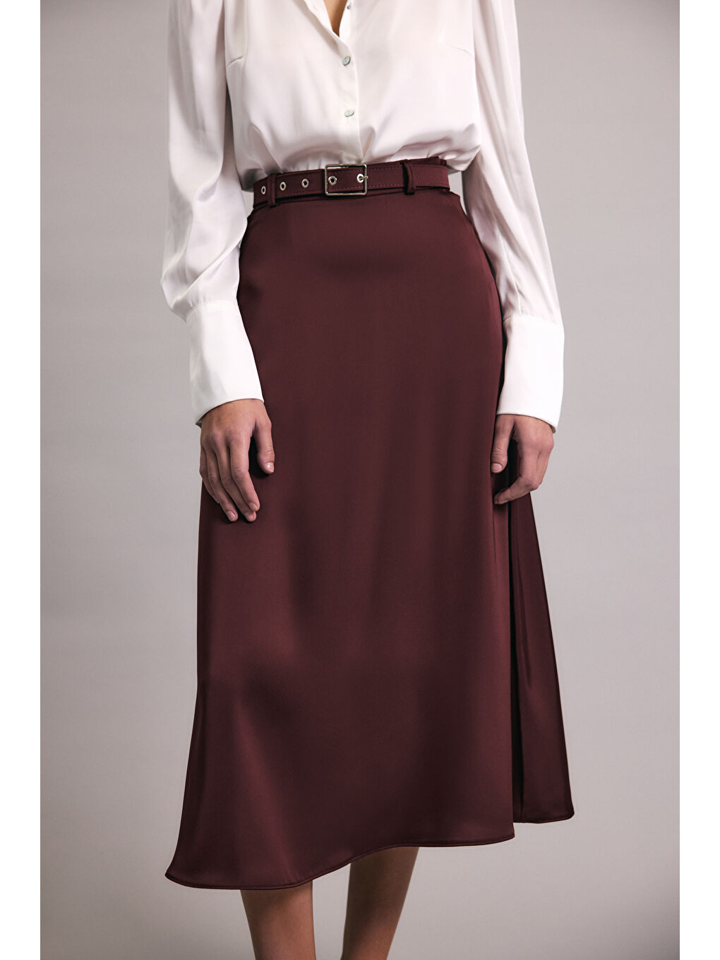 Kemerli Saten Etek - Bordo-6
