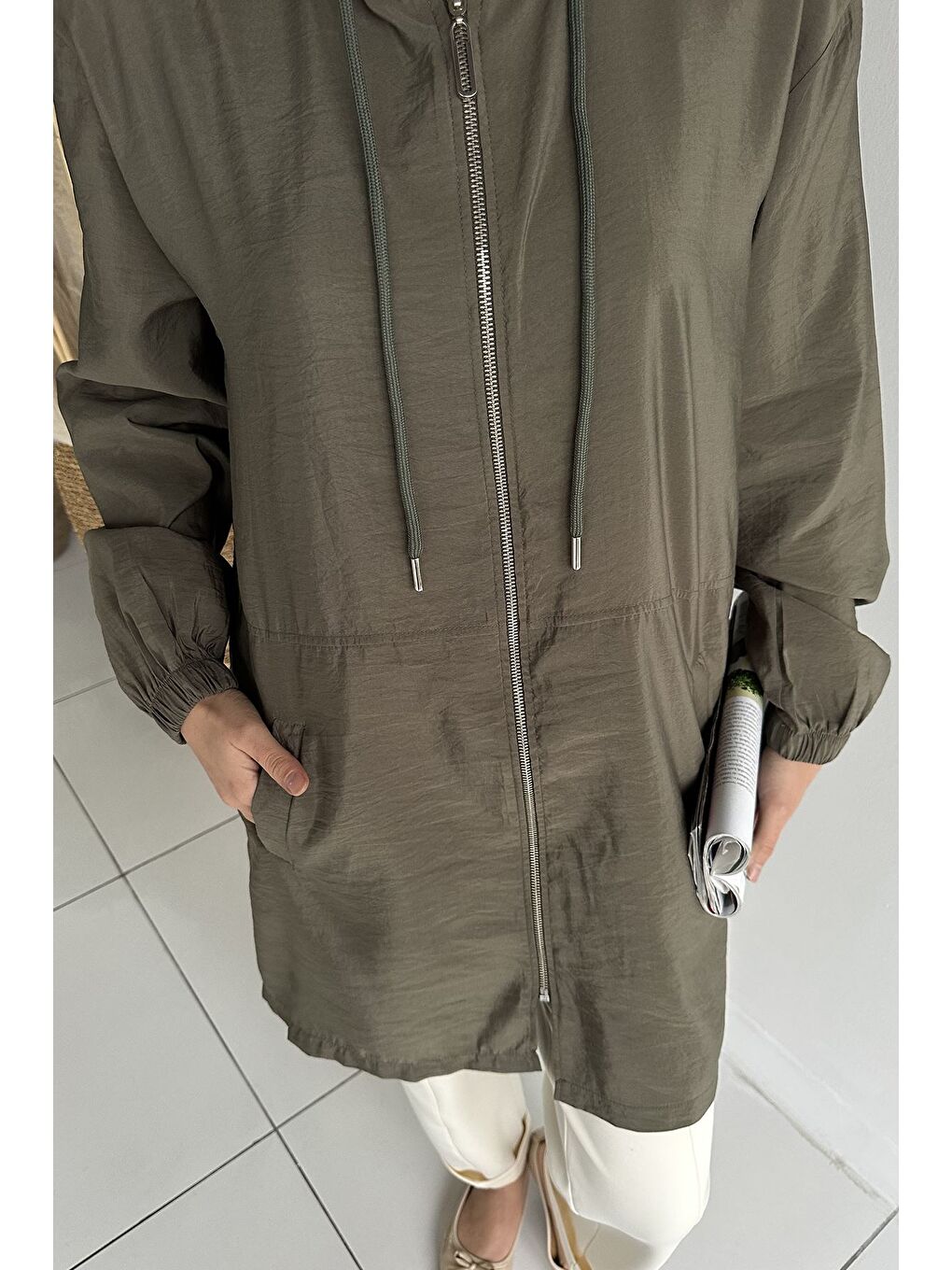 Haki Kapüşonlu Fermuarlı Mevsimlik Tesettür Kap-7