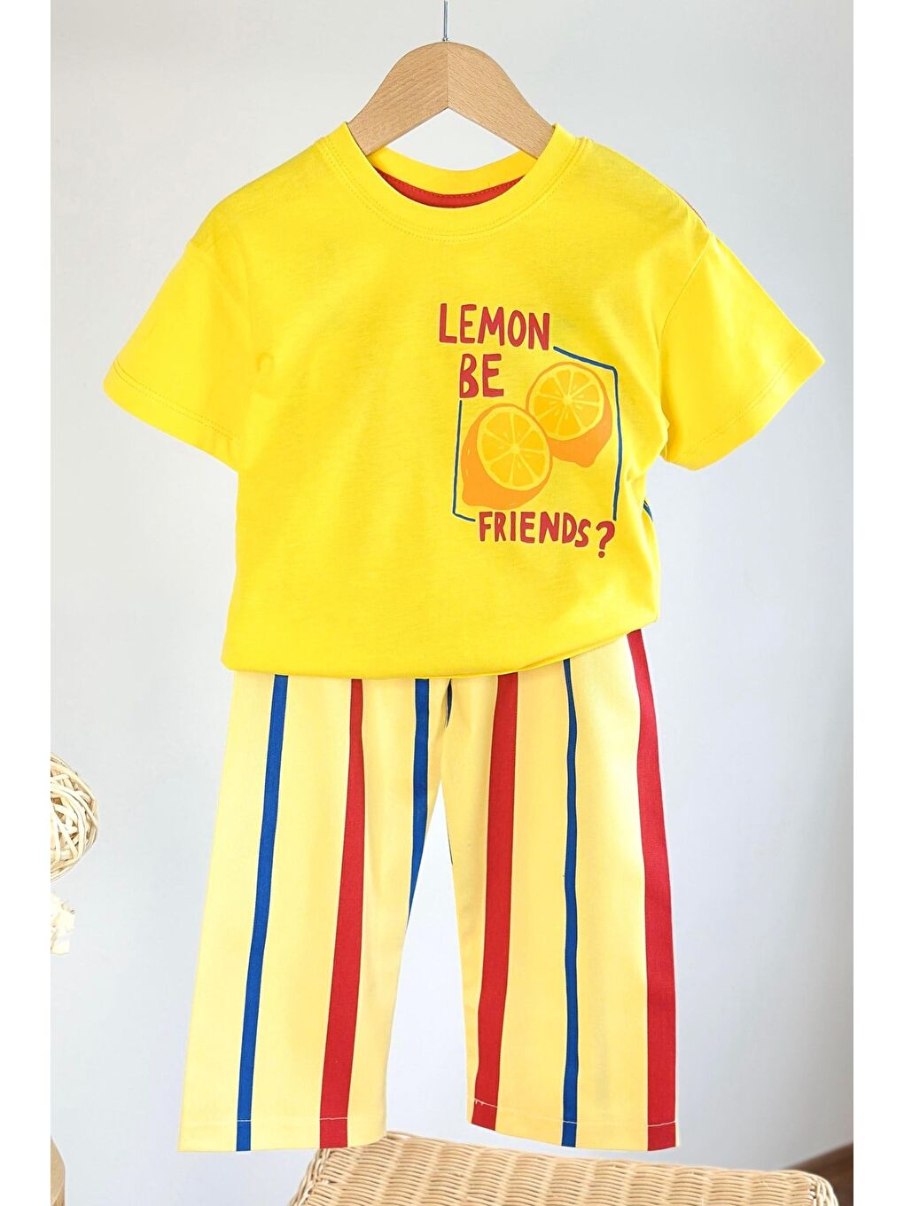 Unisex Çocuk Pamuklu Sarı Limon Baskılı T-Shirt Ve Eşofman Alt Üst Takım-4