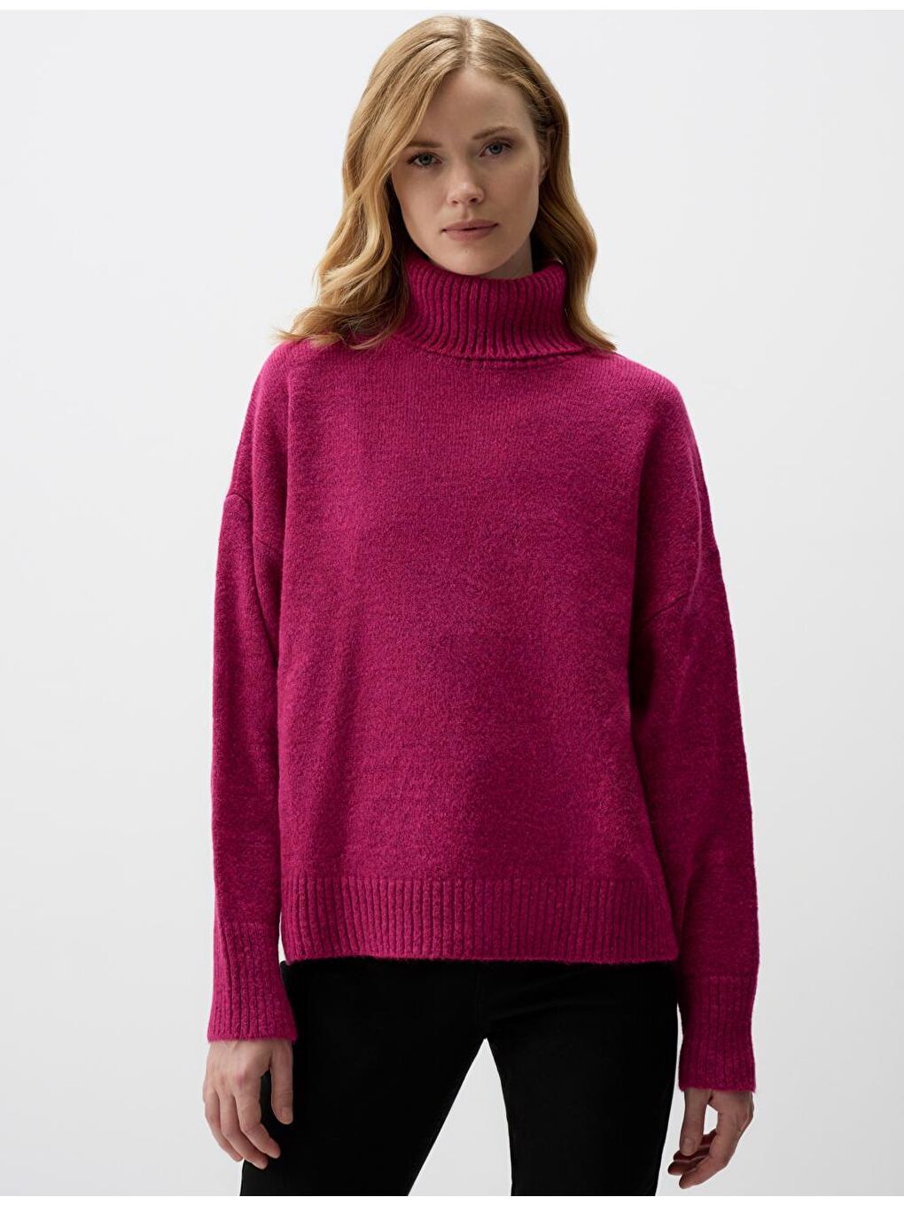 Pembe Balıkçı Yaka Düz Kesim Uzun Kollu Triko Kazak