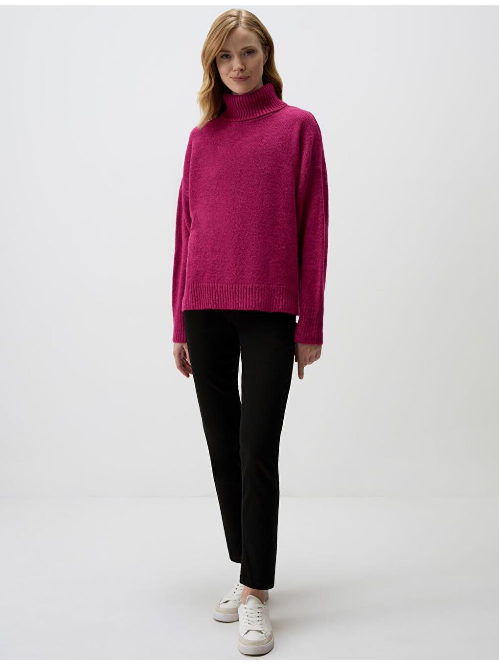 Pembe Balıkçı Yaka Düz Kesim Uzun Kollu Triko Kazak-1