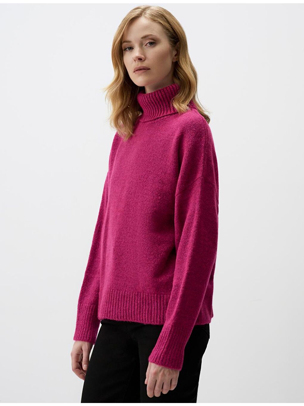 Pembe Balıkçı Yaka Düz Kesim Uzun Kollu Triko Kazak-2