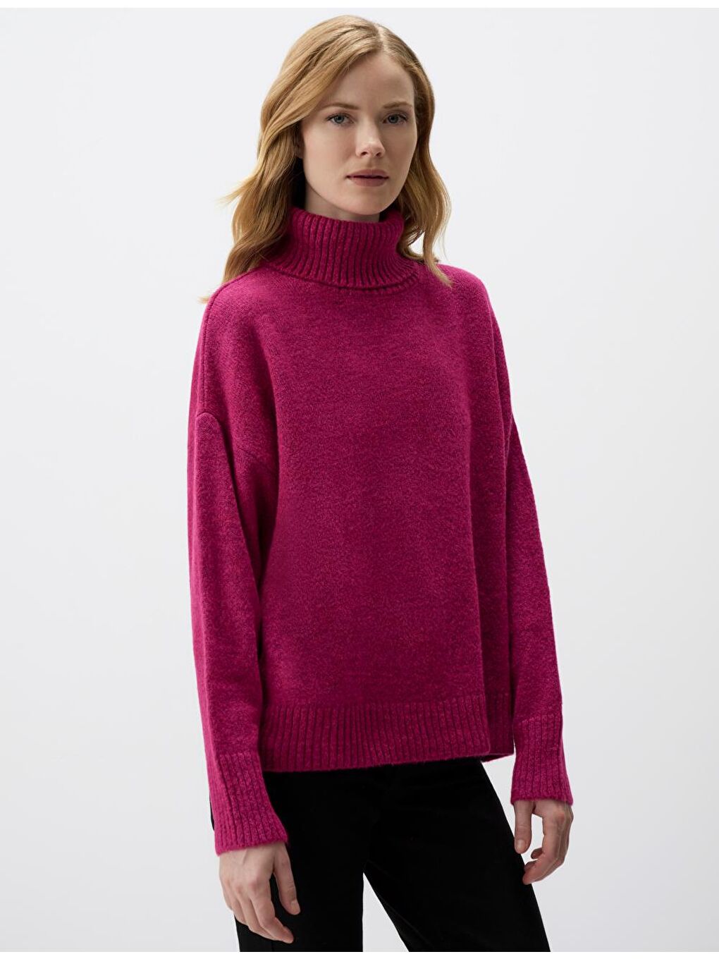 Pembe Balıkçı Yaka Düz Kesim Uzun Kollu Triko Kazak-3