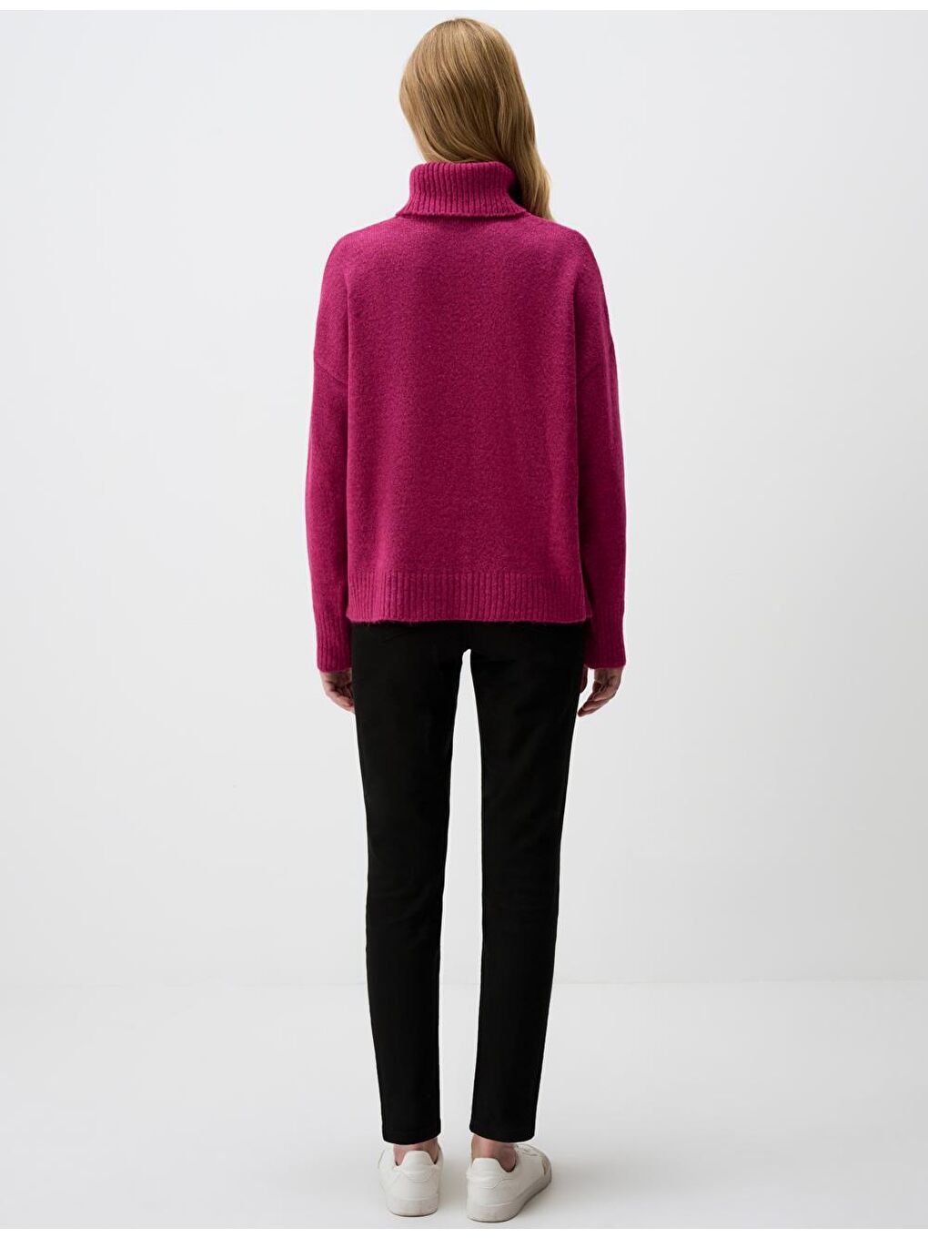 Pembe Balıkçı Yaka Düz Kesim Uzun Kollu Triko Kazak-5